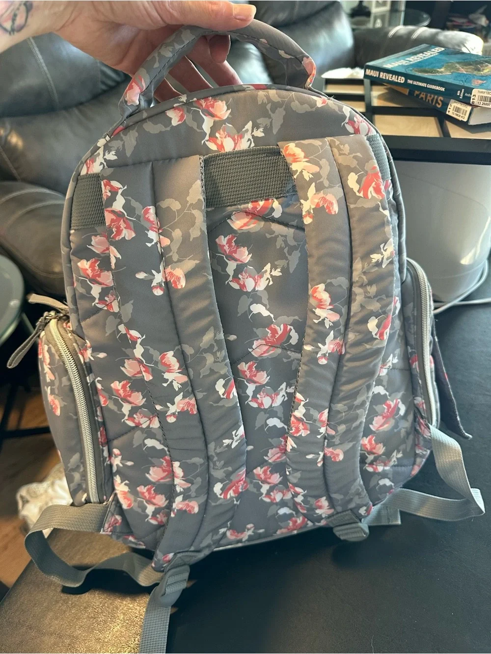 Bananafish Studio Floral Gray and Pinkish Peach Backpack Diaper Bag